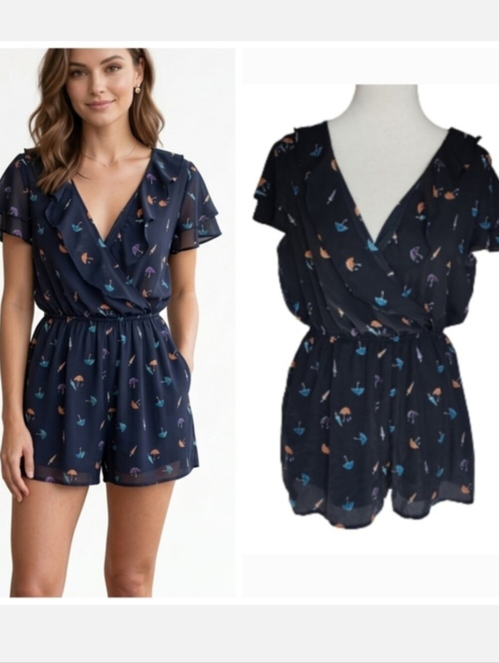 Black umbrella print shorts romper Women's size large by Blashe